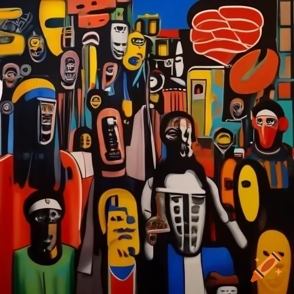 Medieval crowd painted in Jean-Michel Basquiat style