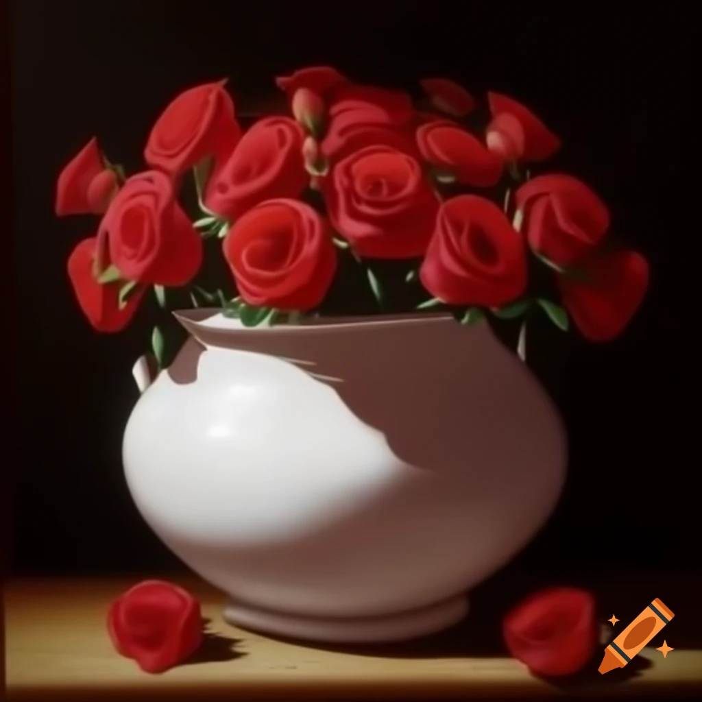 Painting of white chamber pot filled with red roses