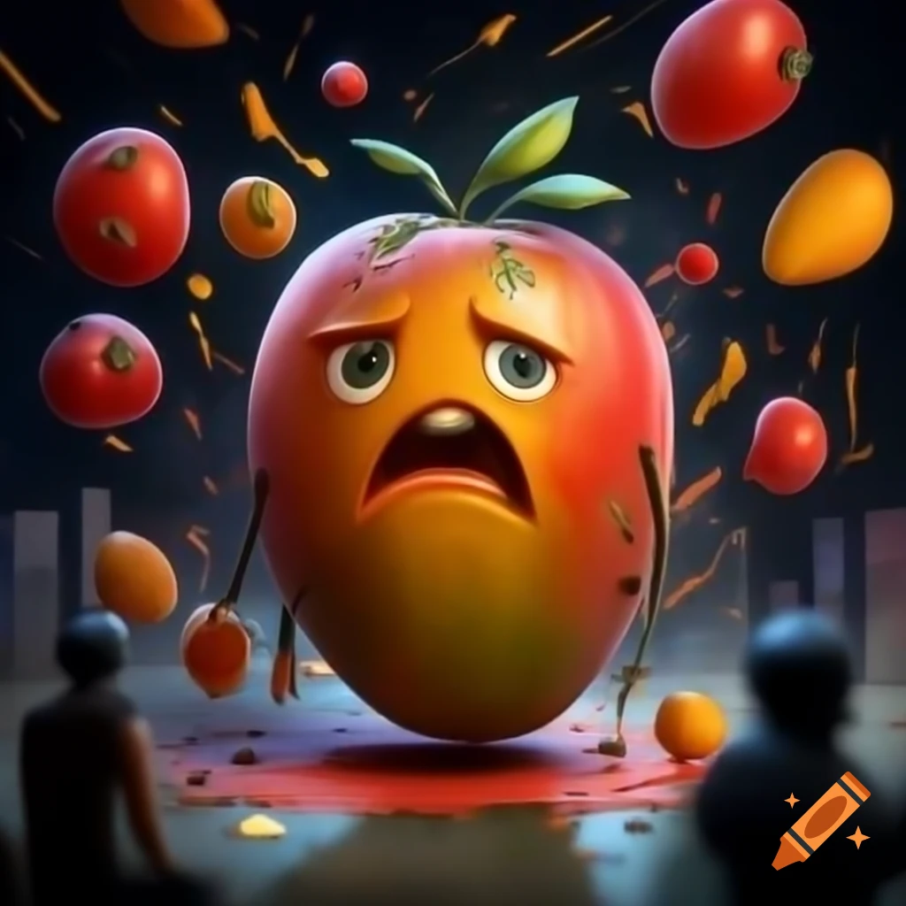 Mango observing colorful tomatoes exploding at city festival