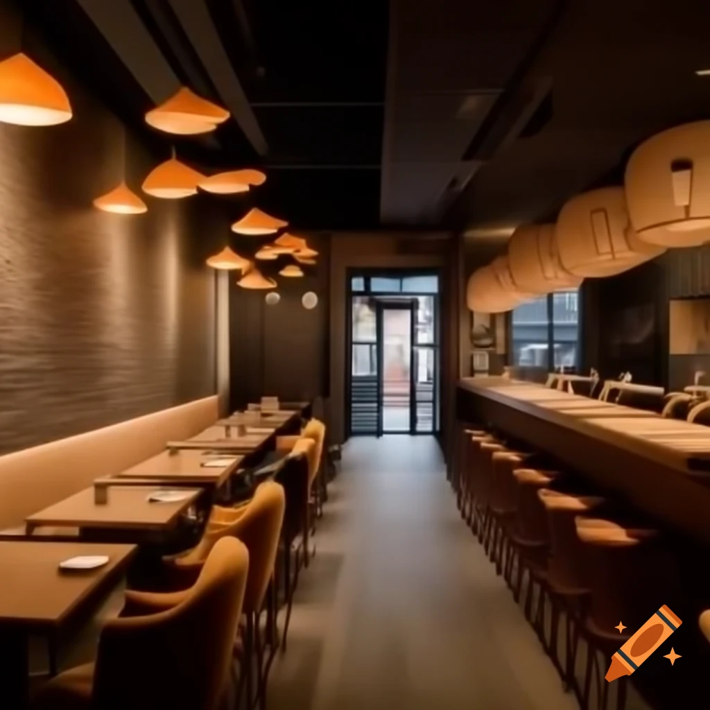 Cozy interior of a sushi restaurant with sofas and small tables