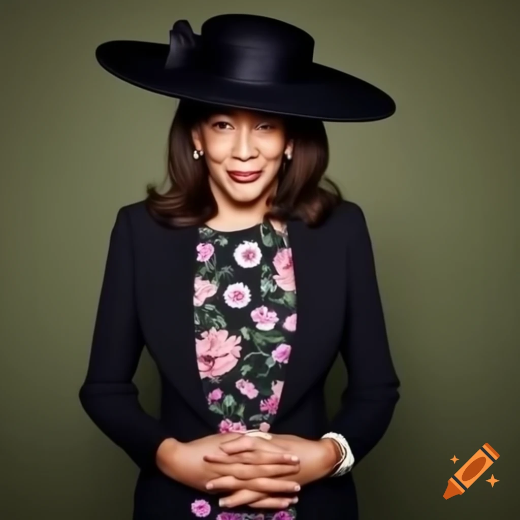 Kamala Harris in flower print dress and bowler hat