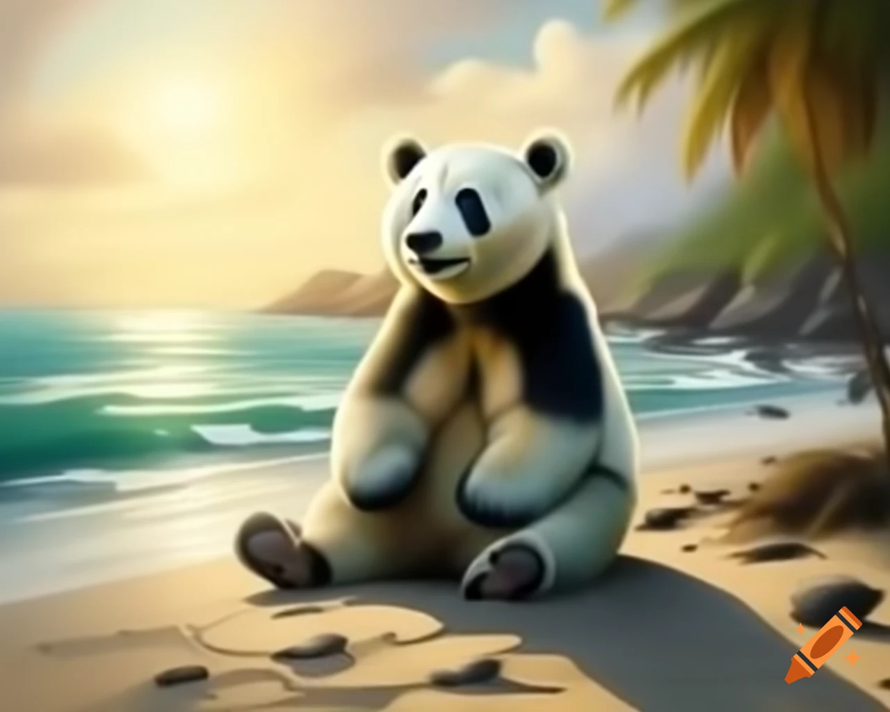 Panda and polar bear sitting on beach with palms, looking at the sea, detailed painting