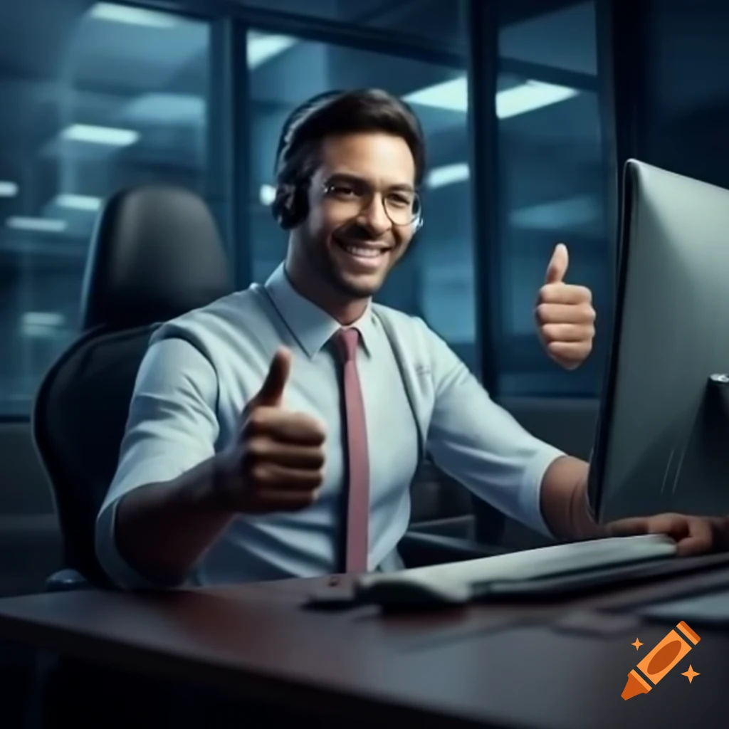 Professional call center agent with headset, smiling and giving thumbs-up at modern desk