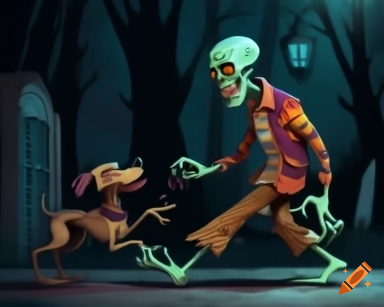 Zombie walking zombie dog in Halloween illustration