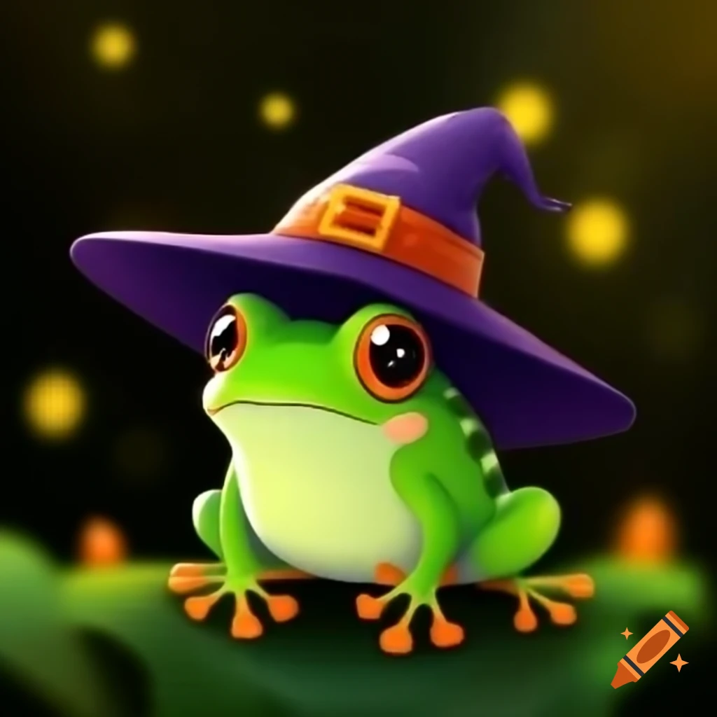 Cute frog wearing a witch hat