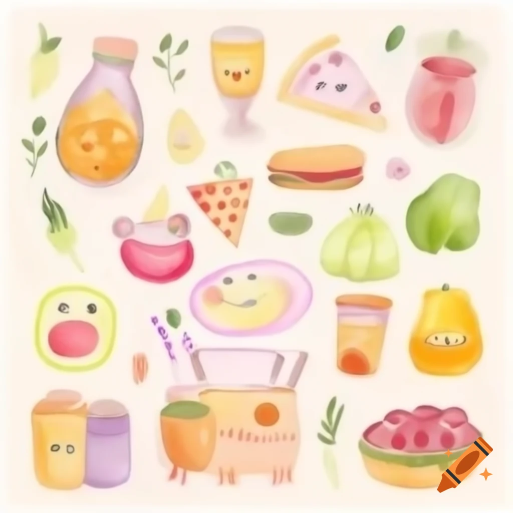 Cute food elements in pastel watercolor style with smiling faces