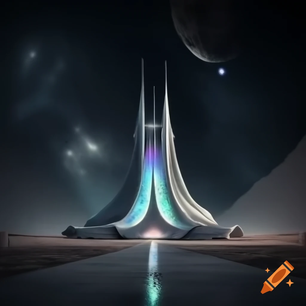 Futuristic temple design with iridescent mosaic and rugged features