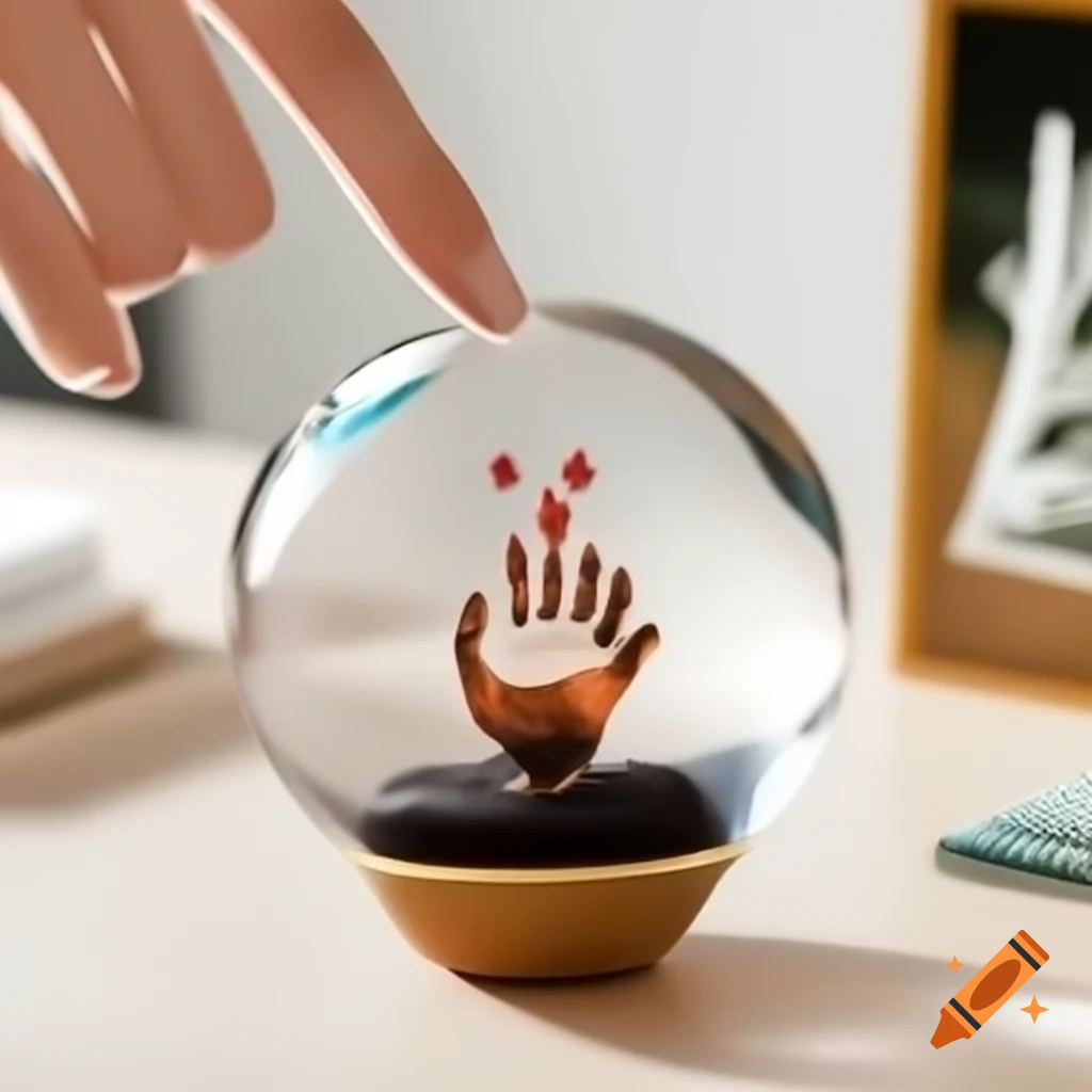 Crystal ball surrounded by hands and Lonbali bag on a table