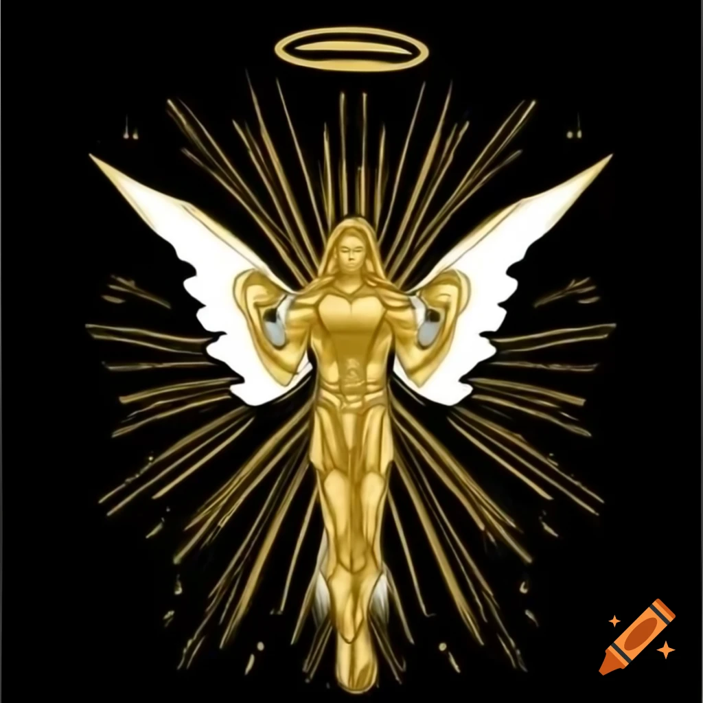 Logo of celestial warrior Jesus in golden armor with angelic wings and ethereal light