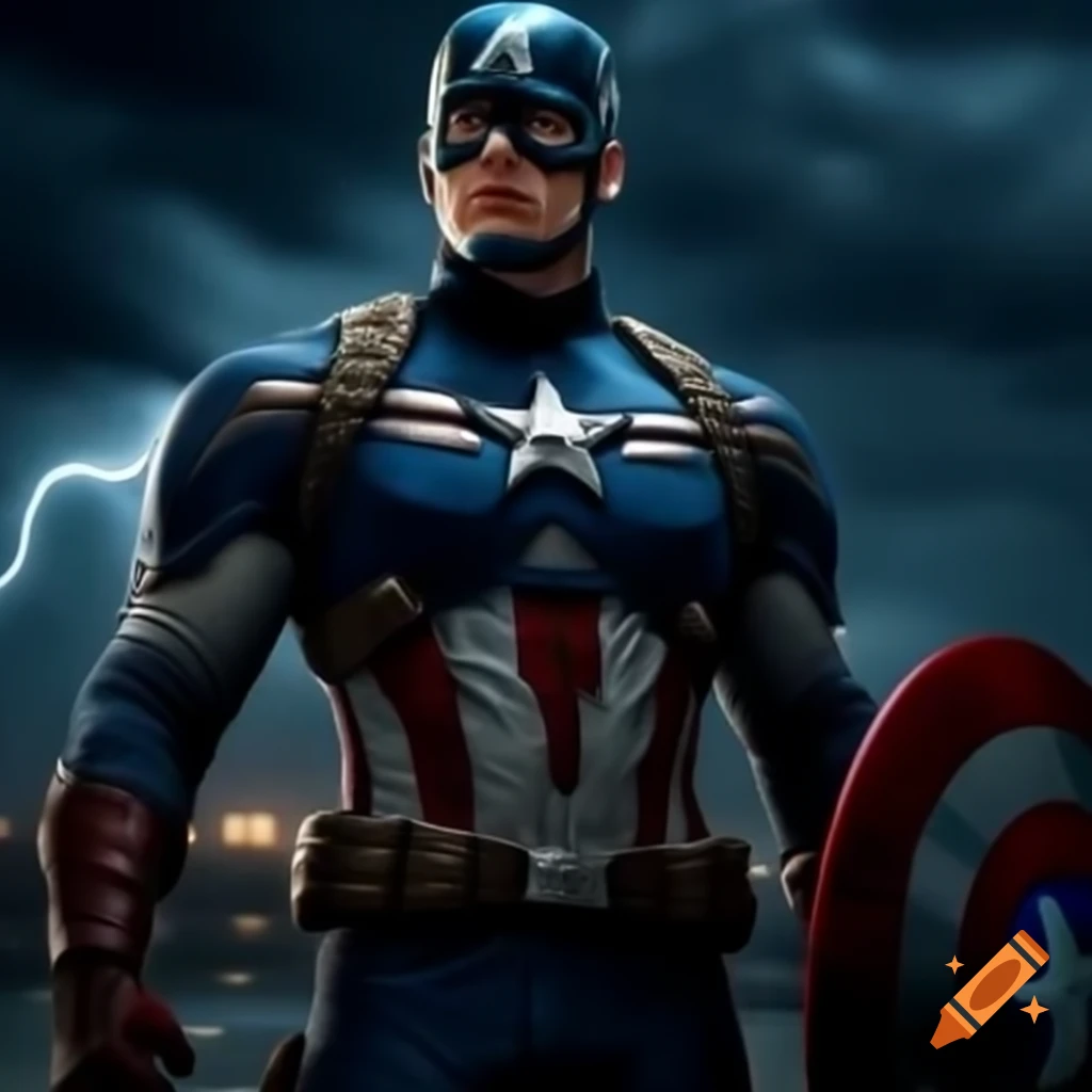 Captain America in dark, gritty setting with worn shield, serious expression