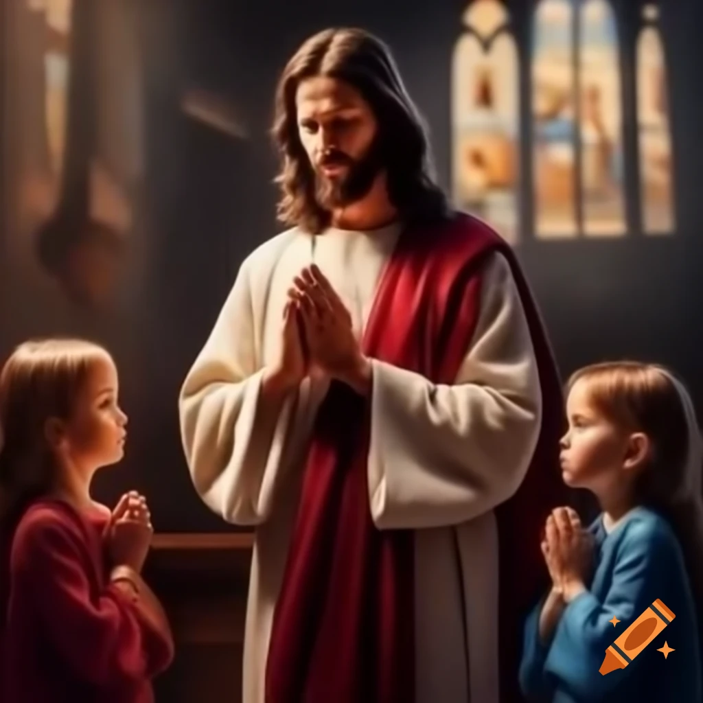 Jesus and children praying together in a church setting