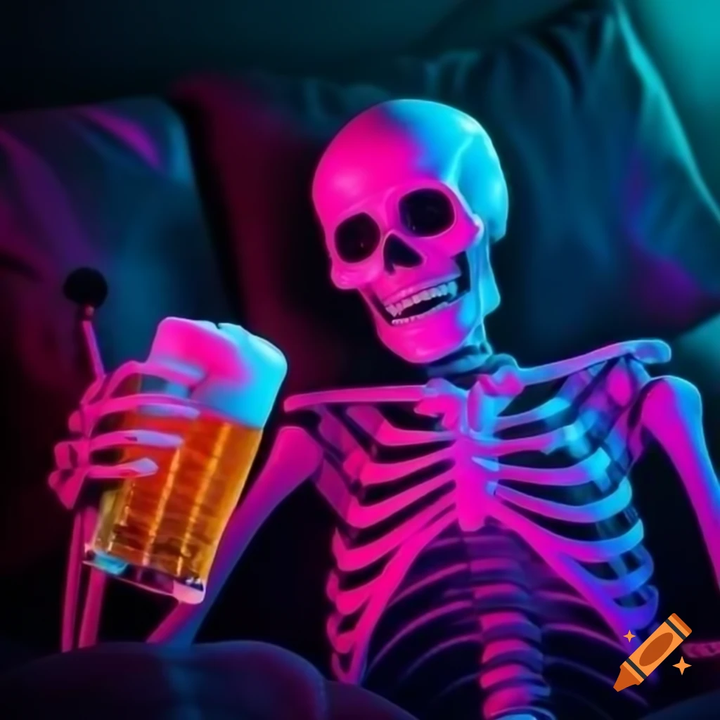 Grinning skeleton toasting with frosty beer in neon purple and blue lighting