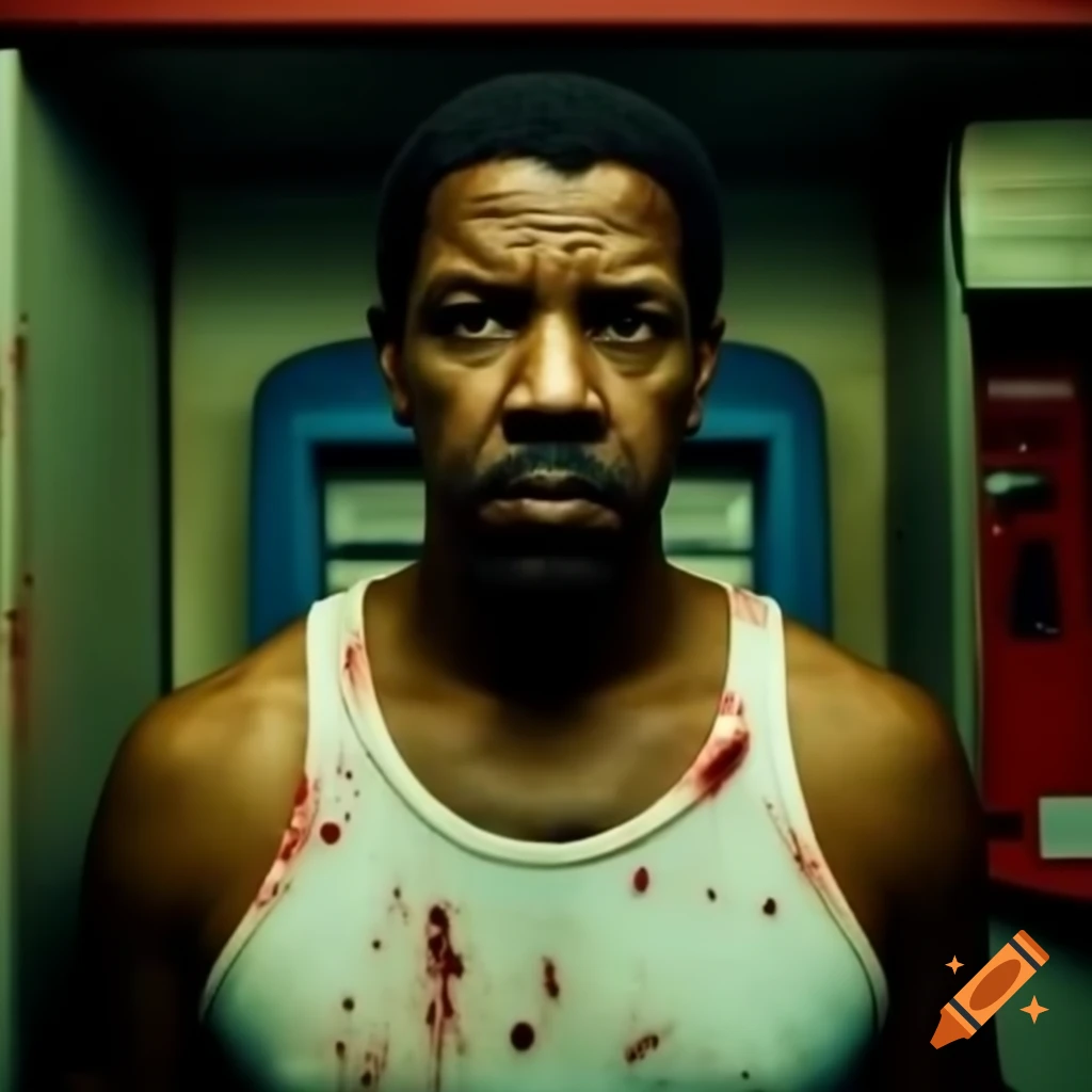 Denzel Washington in dirty tank top, bruised, using payphone in phone booth