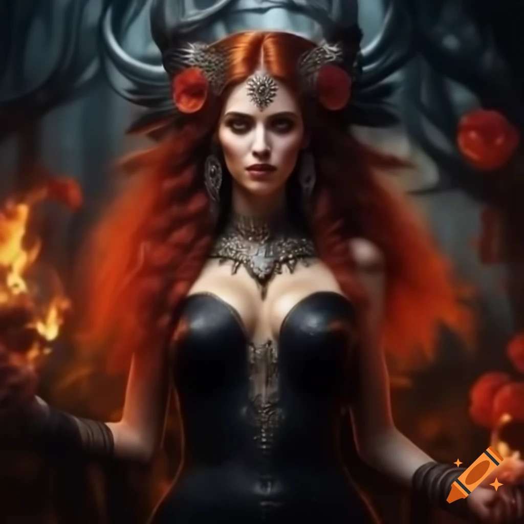 Full body Persephone in black feather dress and ornate headdress in the woods at night