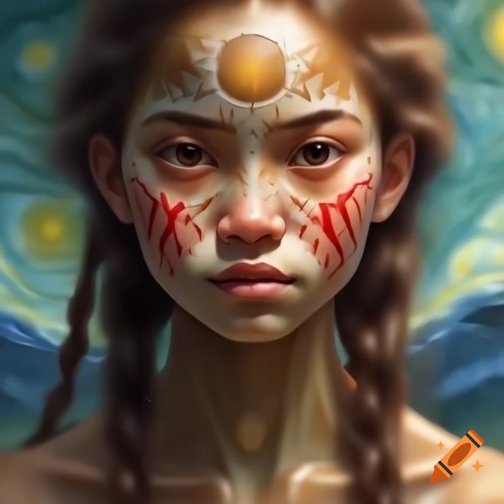 Full-body portrait of a Maori princess in animated watercolor and Rembrandt style