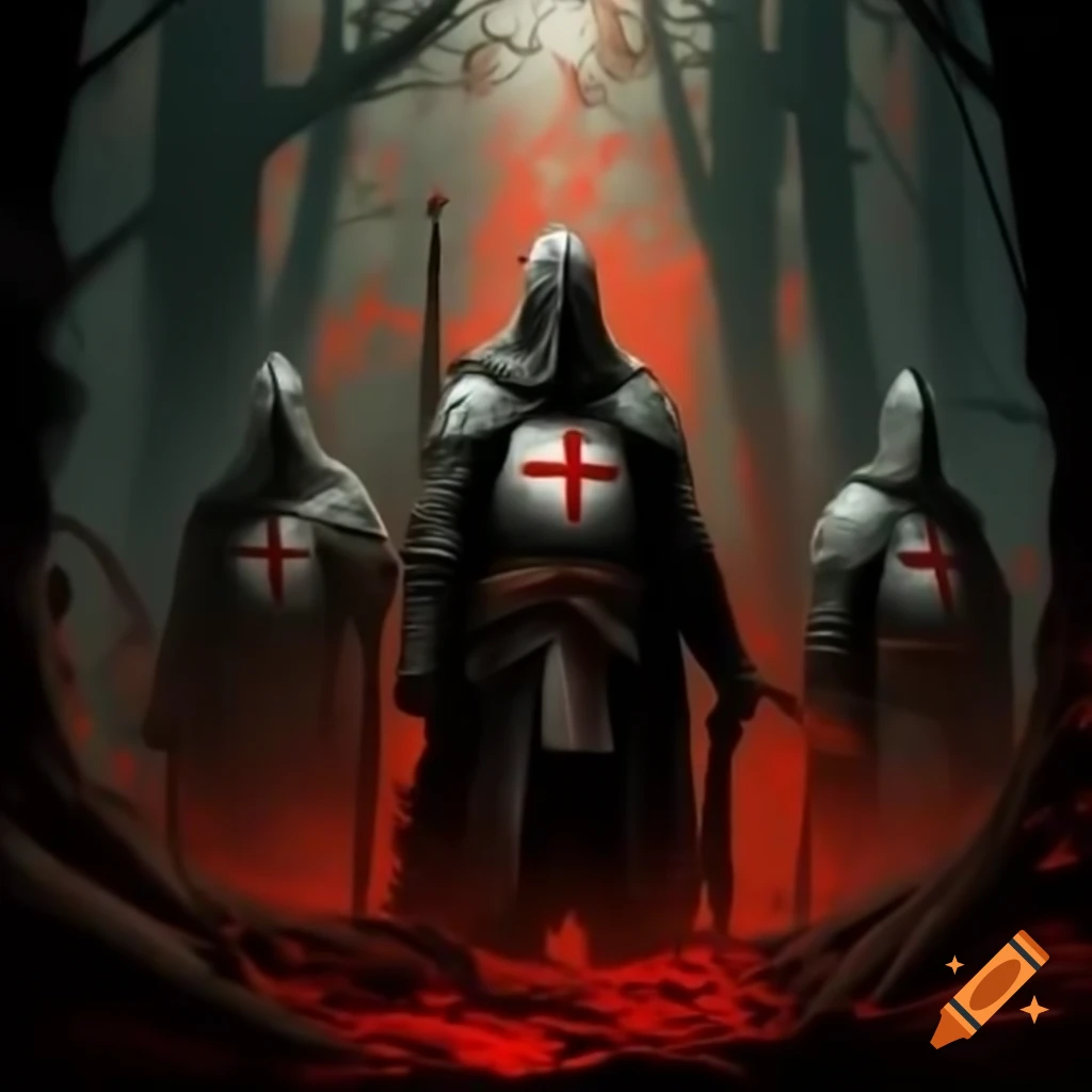 Templar figures in shadowed forest with dark armor and crimson orbs