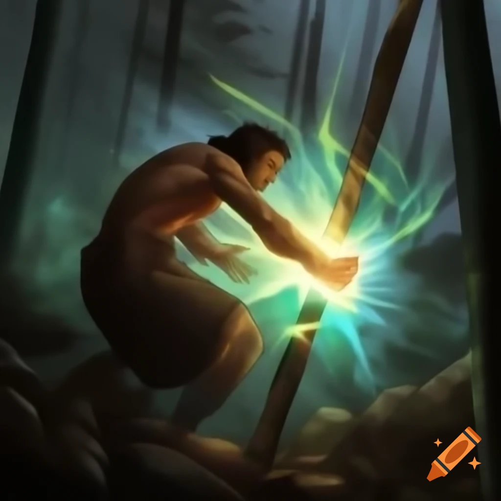 Man glowing with energy as ancient symbols appear on his skin in a trembling forest