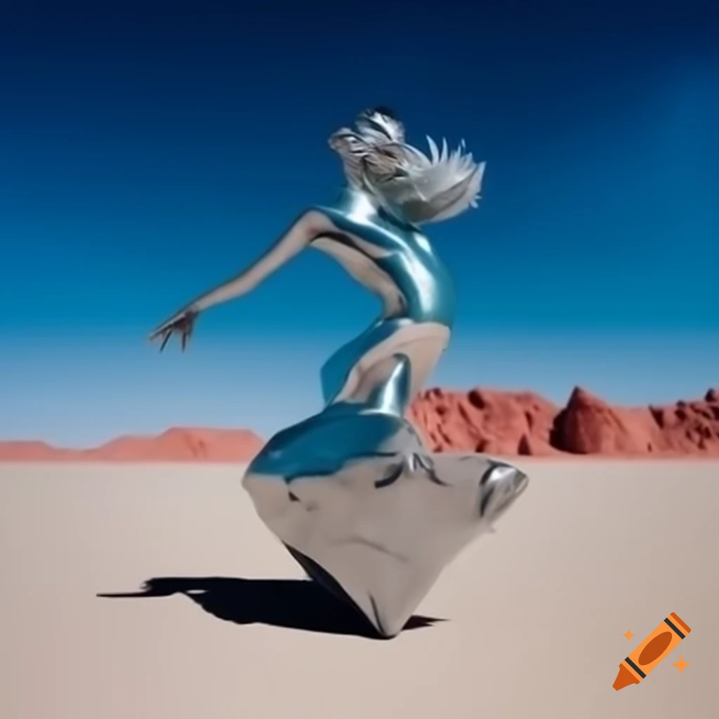 Surreal 2000's photography of silver statue of woman in stone desert
