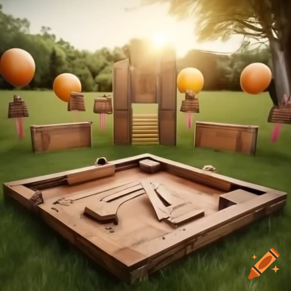 Outdoor party with old wooden games in sunny setting