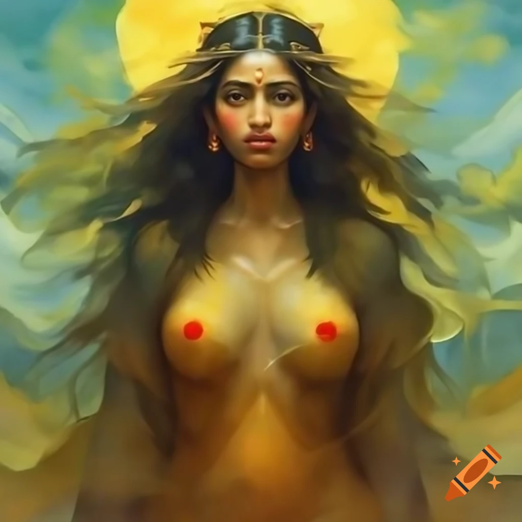 Ancient Bangladeshi goddess in animated style, watercolor and Rembrandt influences