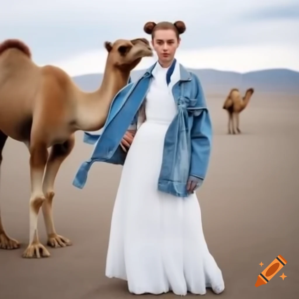 Young Russian woman in white dress and oversized jacket with Mongolian camels in steppes