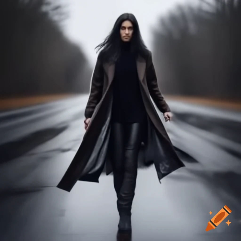 Tall woman with black hair and brown freckles walking on rain-soaked road in stylish attire