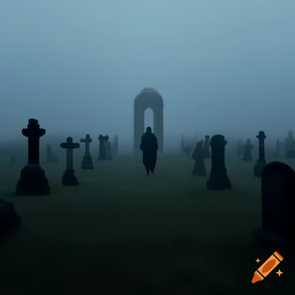 Solitary figure in misty graveyard, conveying isolation and contemplation