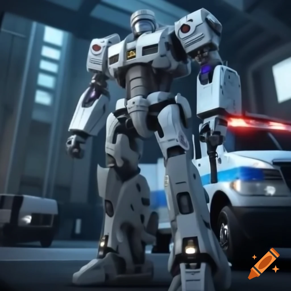 White transformer robot and police transit van digital expert