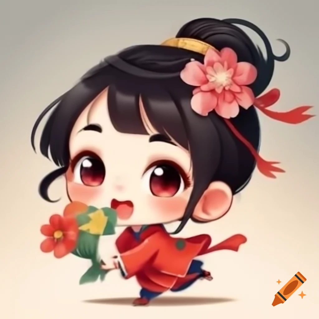 Chibi Chinese girl running with a bunch of flowers