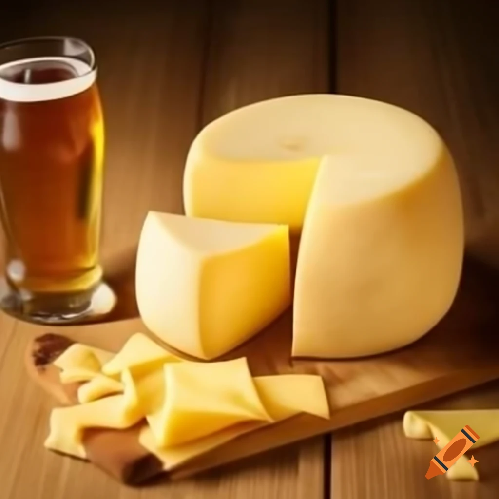 Colorful wheel of Swiss cheese with beer and polka theme