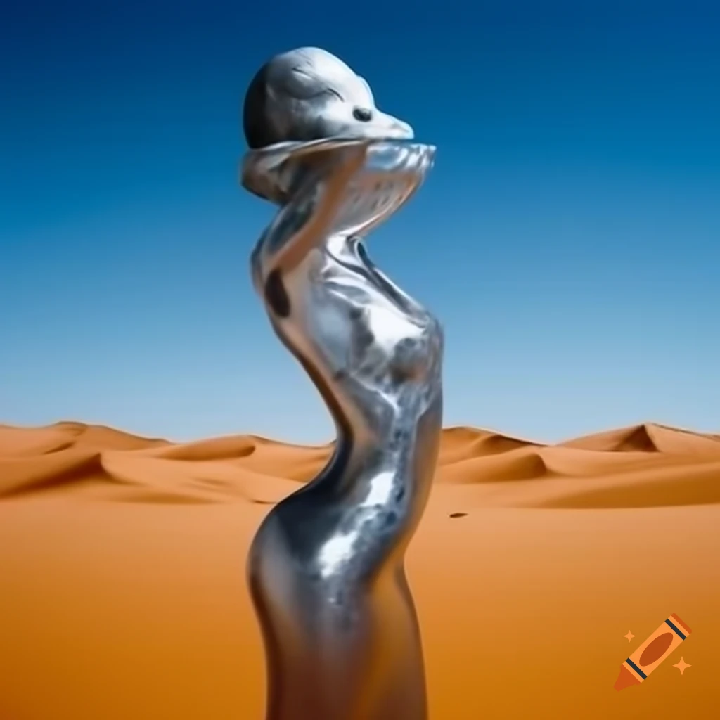 Pop surreal photography of silver statue woman in desert, 2000s style