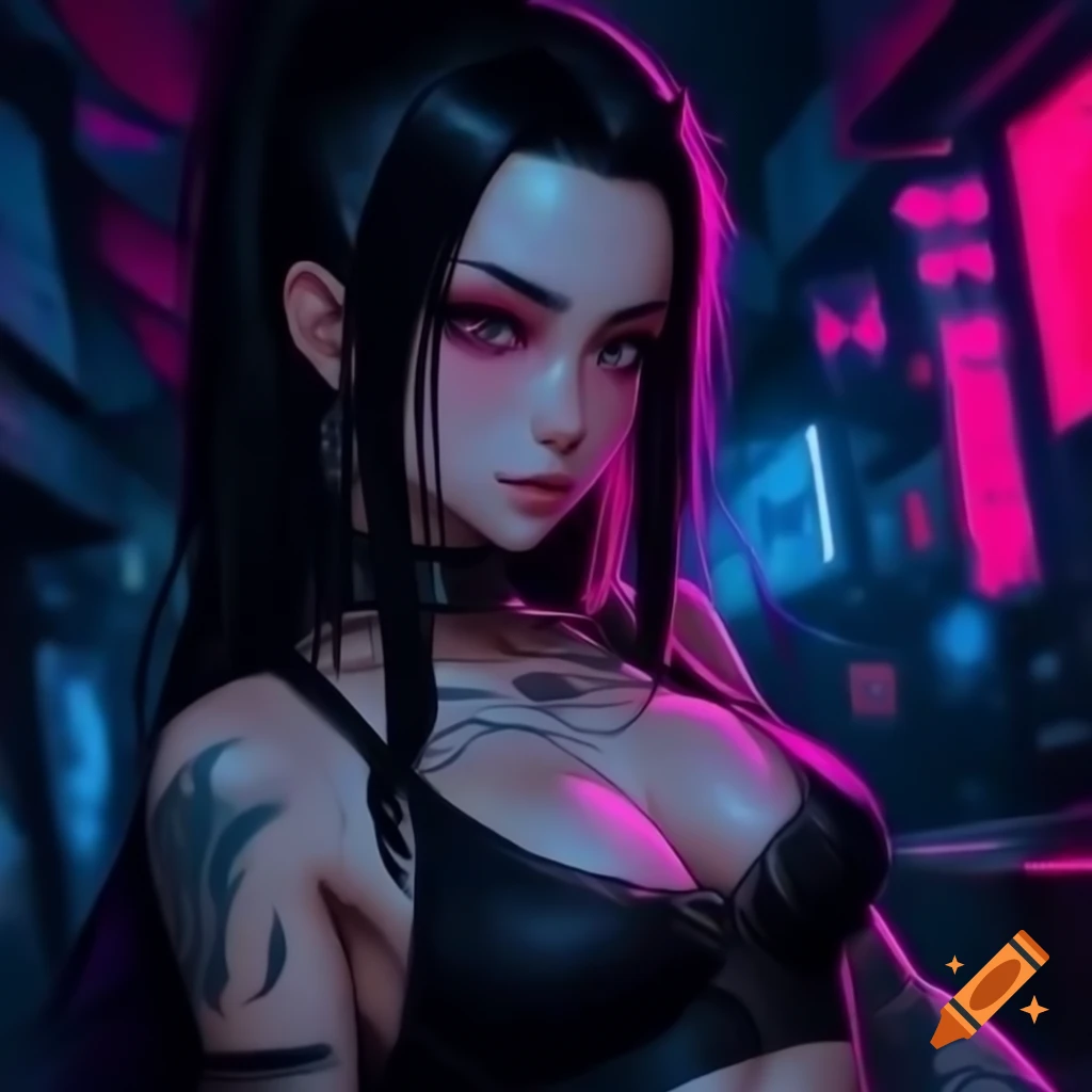 Punk-inspired young woman in dystopic fashion with black hair and crop top