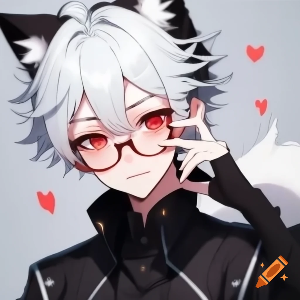Anime character with white hair, red eyes, and fox ears in a black jacket