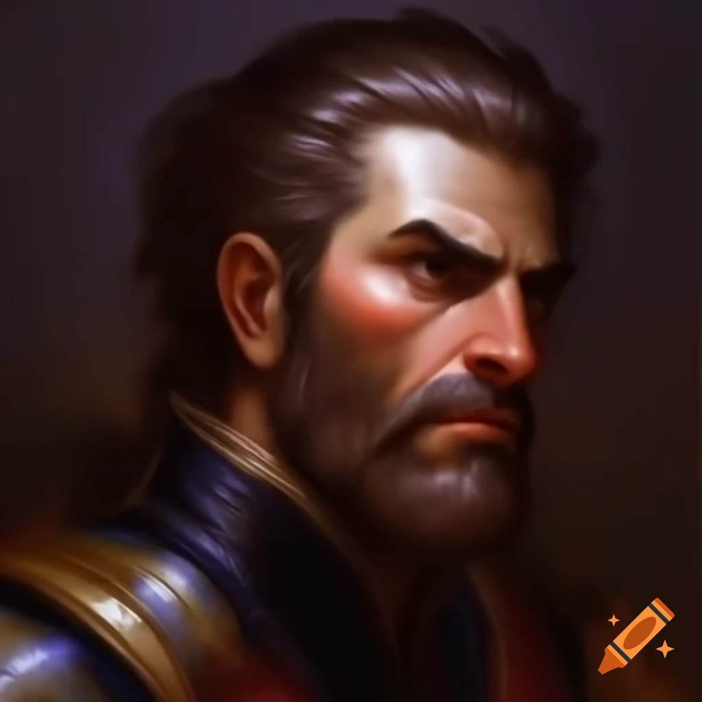 Headshot of a strong Mediterranean lord with brooding expression and dark wavy hair