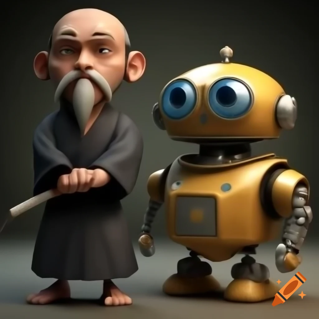 Wise ninja sensei and robot showing respect in 3D design