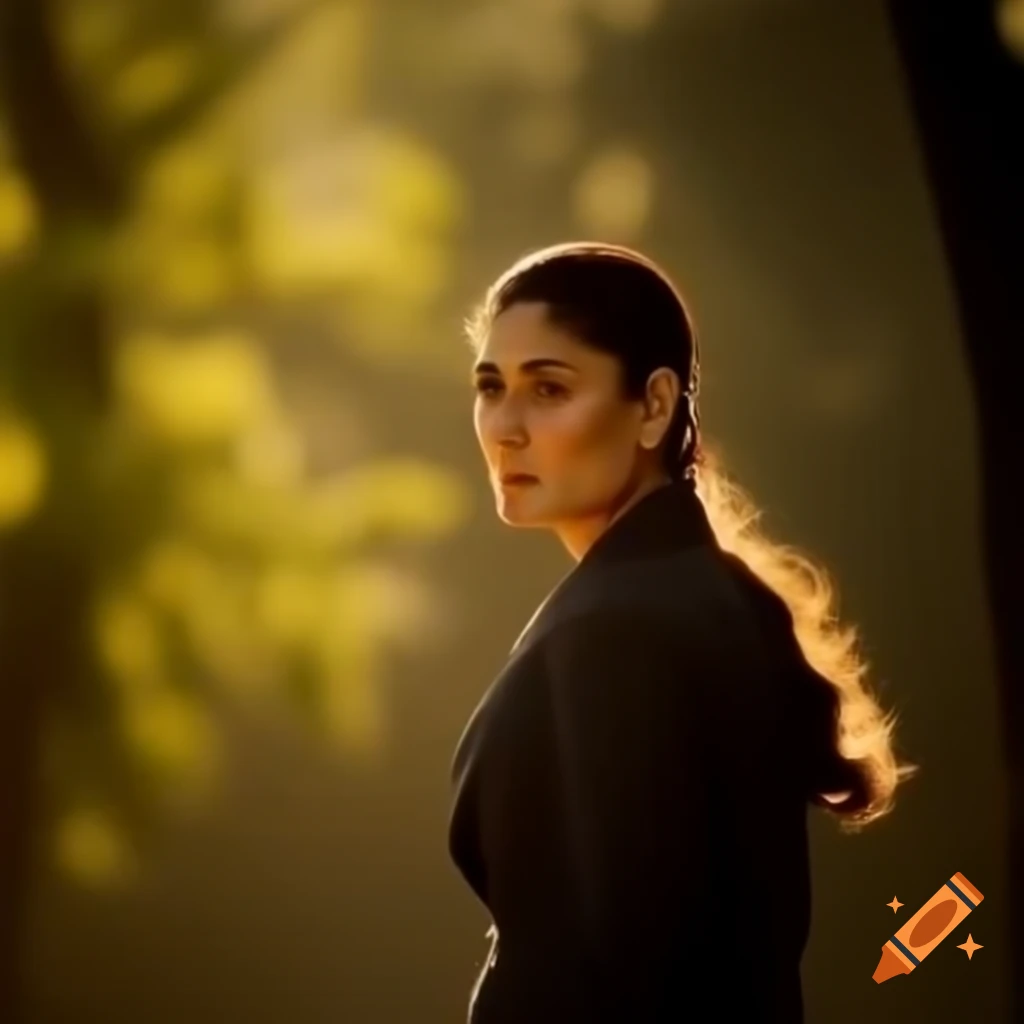 Kareena Kapoor Khan as a detective standing with sunlight filtering through trees