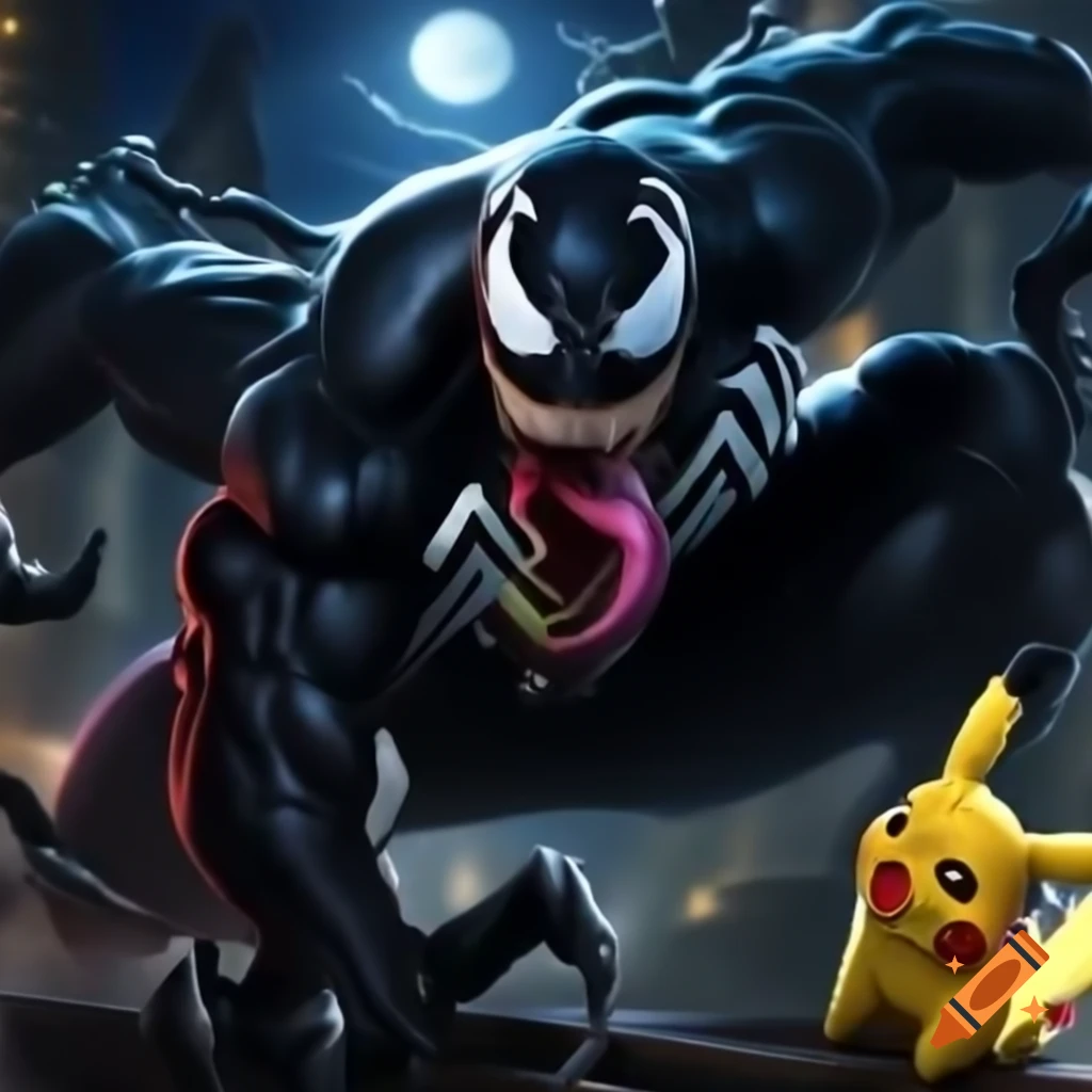 Venom and Pikachu standing back to back, showcasing dynamic contrast