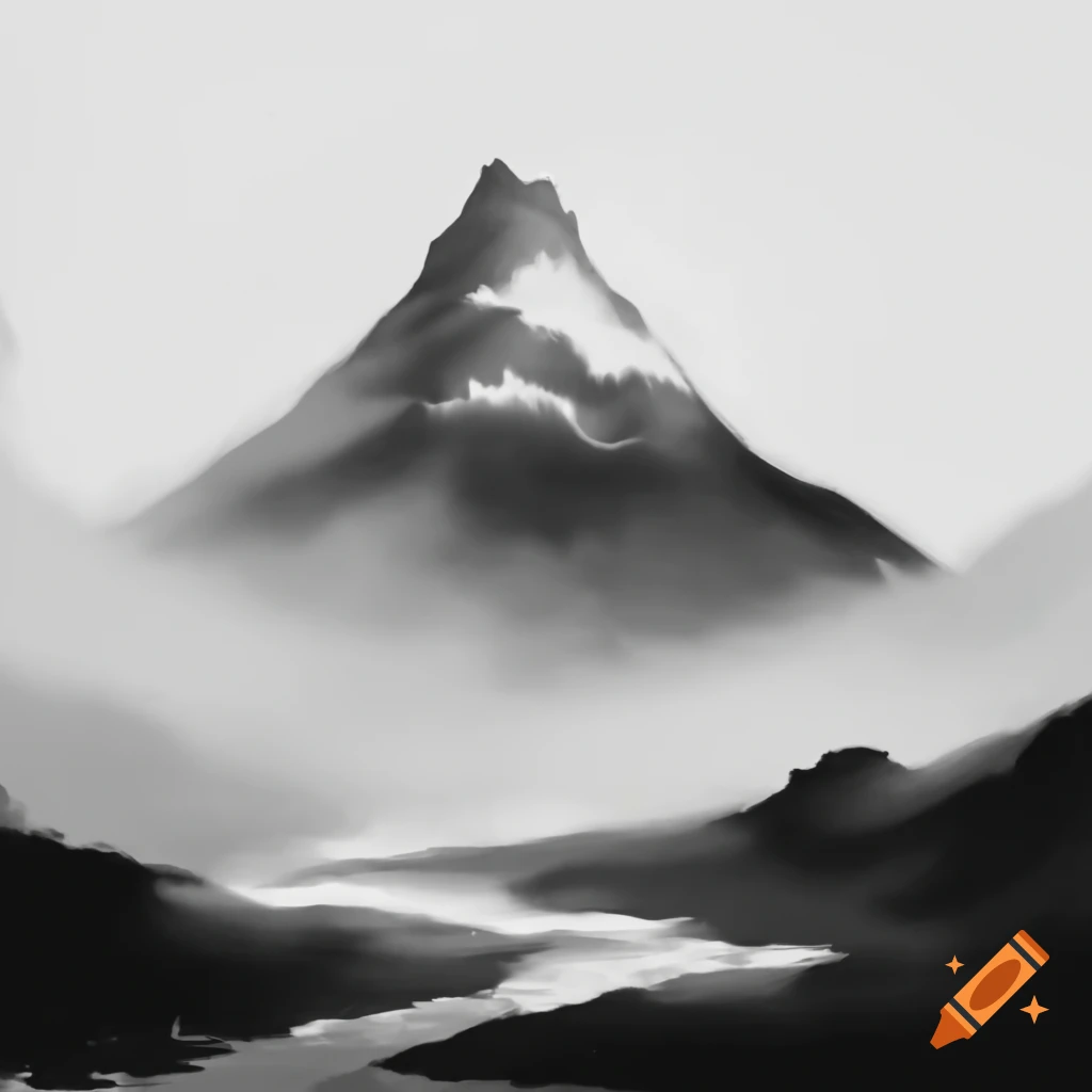 Monochrome ink painting of misty Songshan mountain with stream