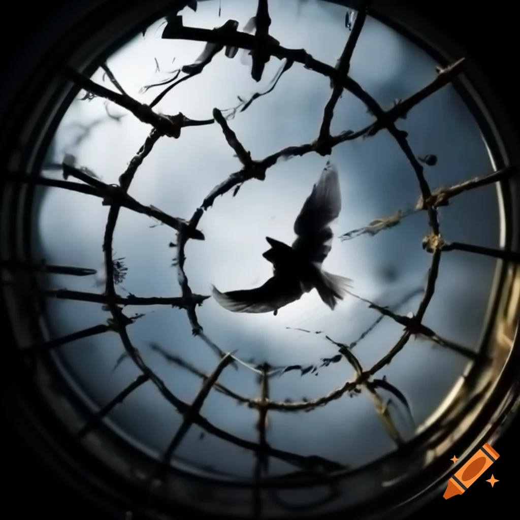 Delicate bird trapped inside barbed glass dome symbolizing isolation and sensitivity