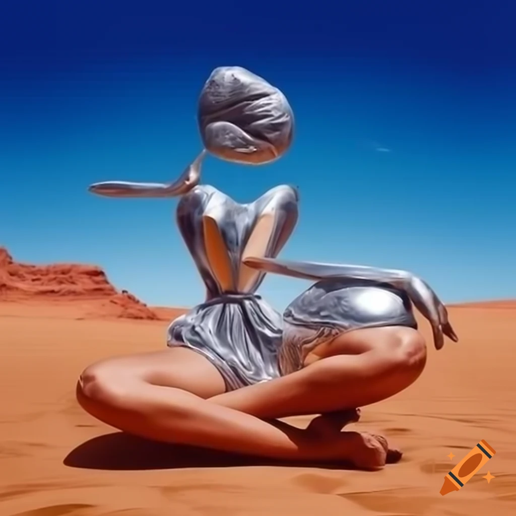 Surreal 2000's photography of silver statue of woman in stone desert