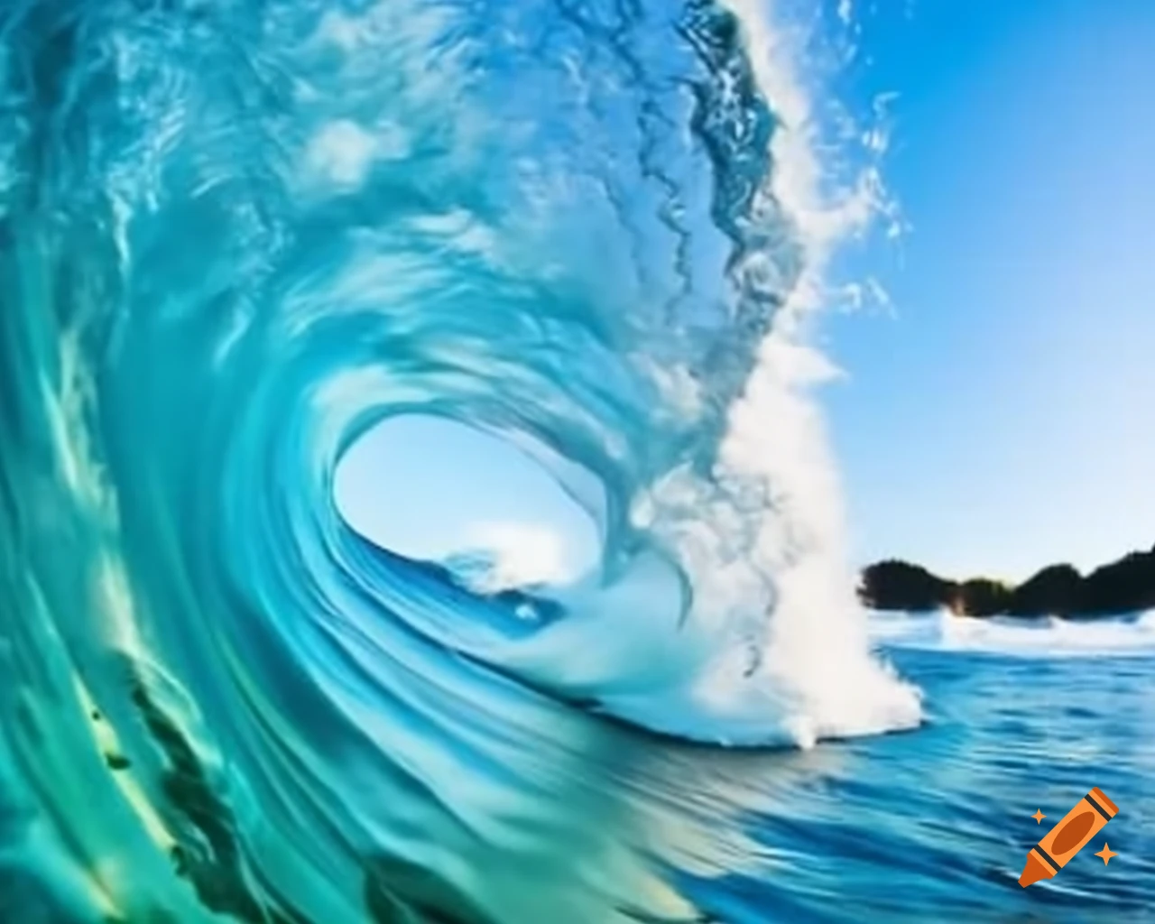 Cinematic view from inside a wave with sunlight and shimmering foam