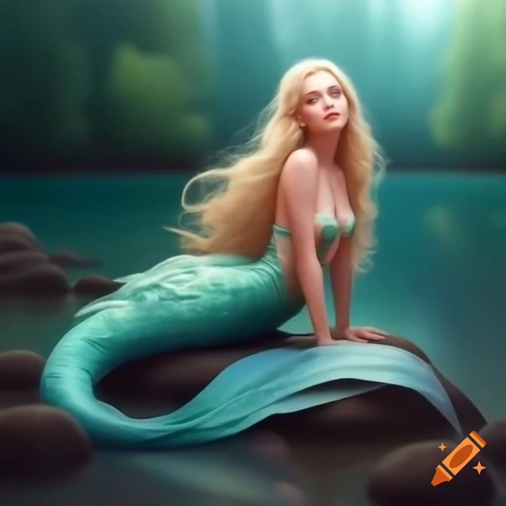 Mermaid sitting on lake shore in forest