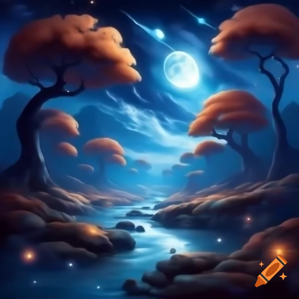 Dreamlike forest with glowing trees and starry rivers under moonlit sky