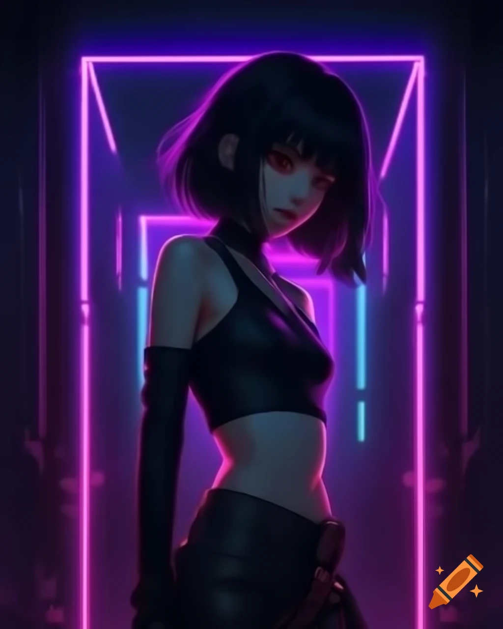 Punk-inspired young woman in dystopic fashion with black hair and lowrise pants