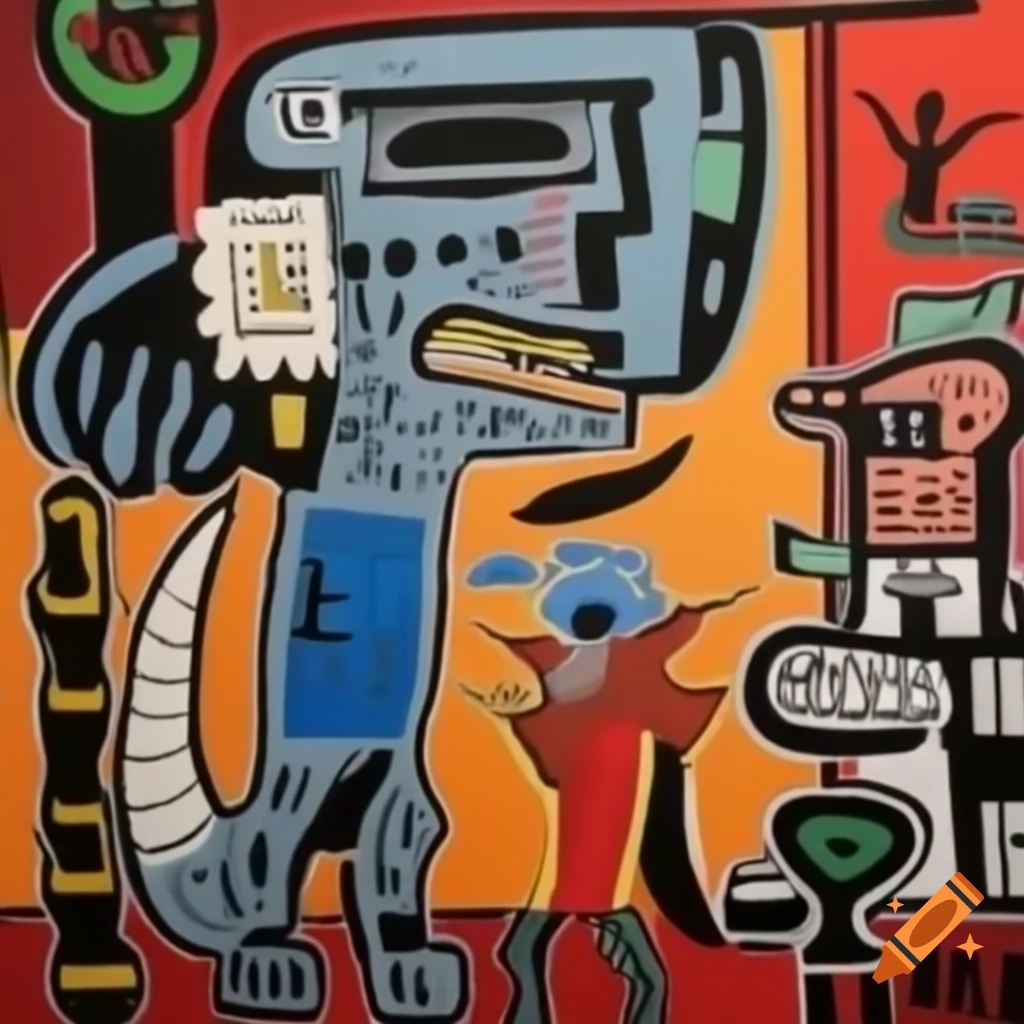 Taylor Swift battling strange creatures in Basquiat painting style