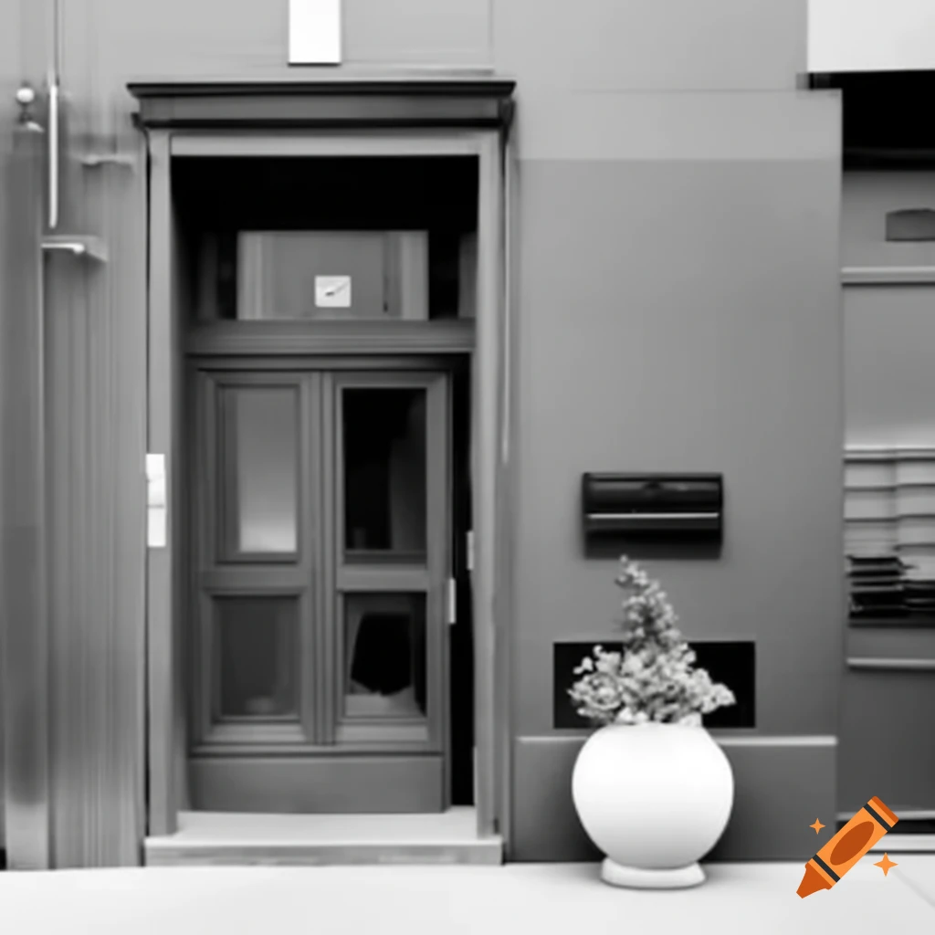 Office facade with door and large flower pots on either side