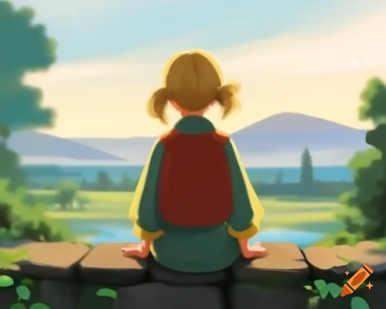 Young woman with blonde hair seated on stone ledge in park, contemplative expression