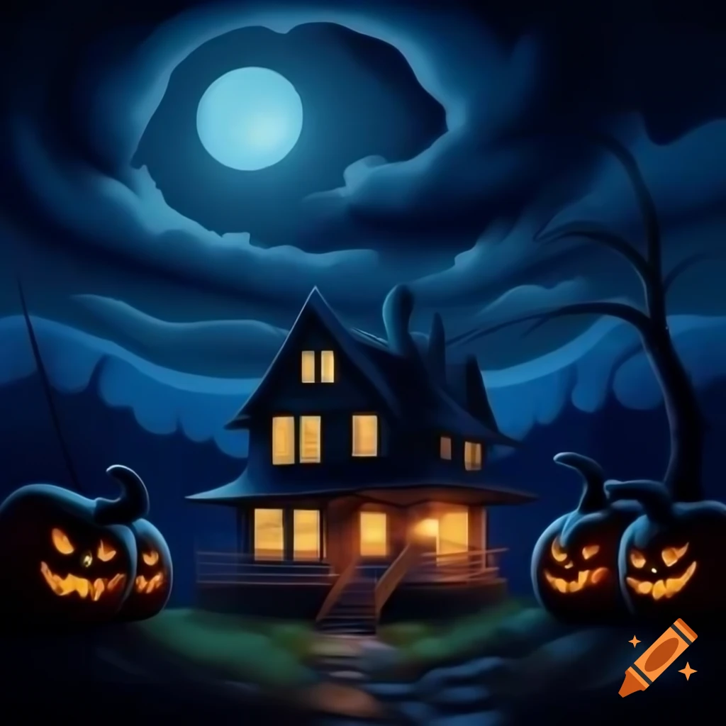 Digital painting of a house decorated for Halloween night