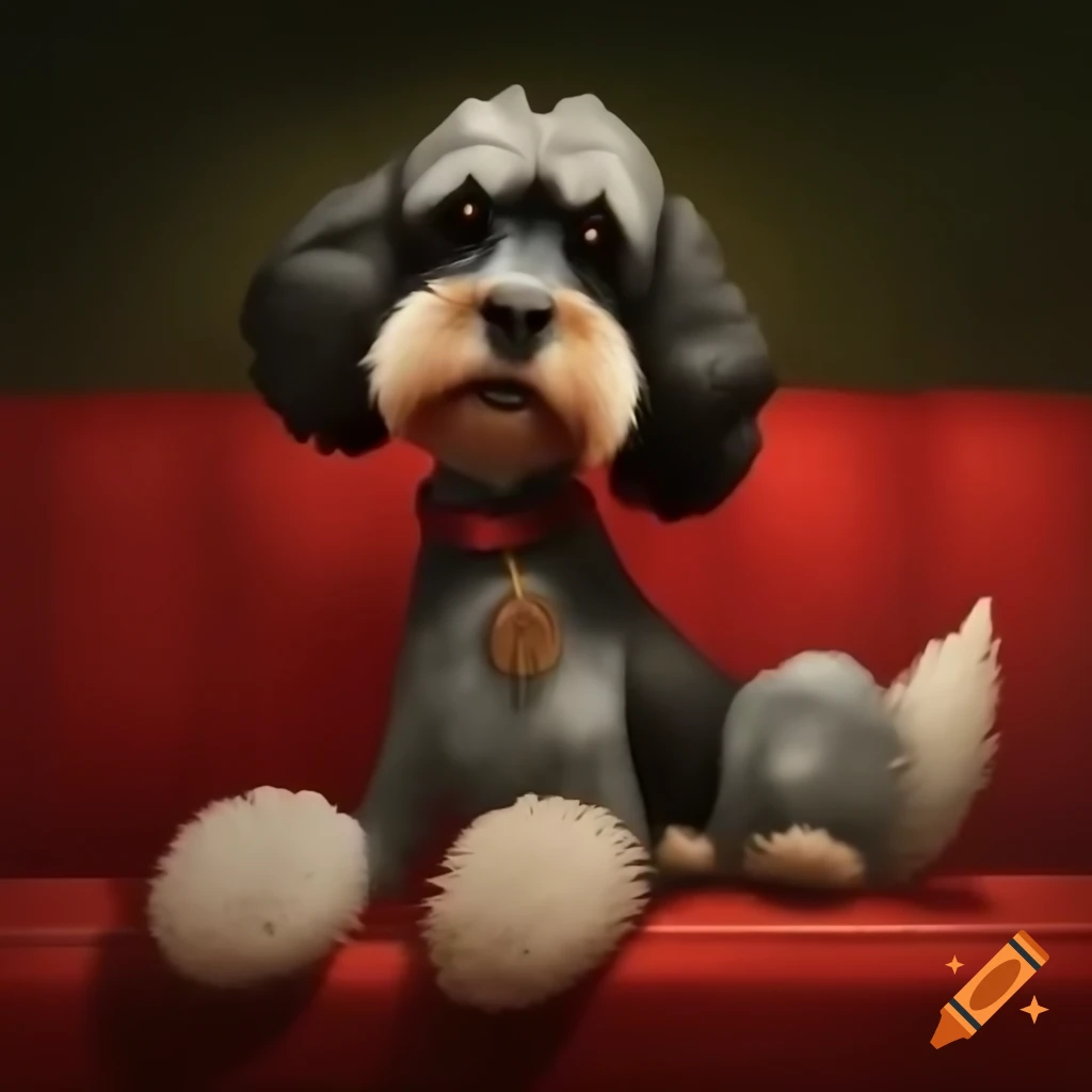 Sad cartoon poodle-schnauzer mix with black and white hair on red couch