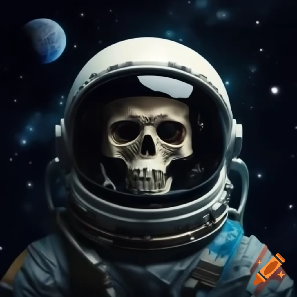 Skeletal astronaut in space gazing at starry expanse